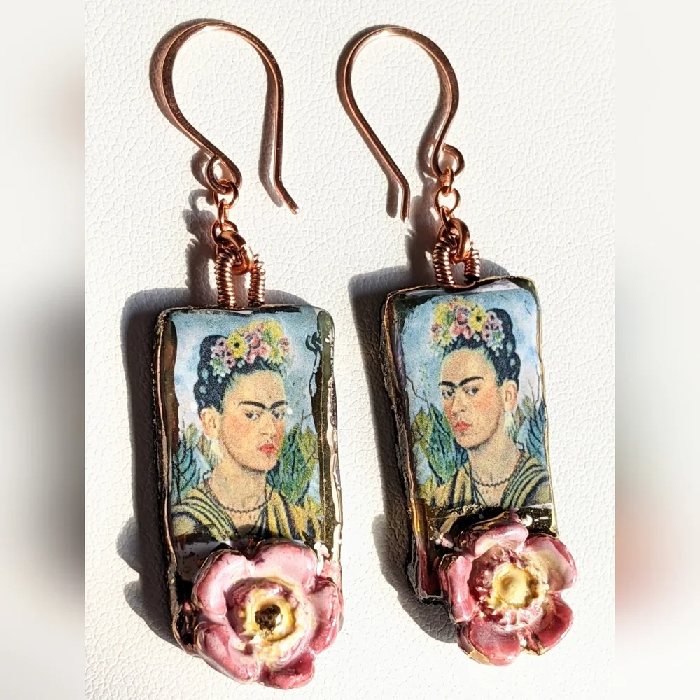 Unique Frida Khalo Earrings Artisan Crafted Lightweight Ceramic Charms - Picture 11 of 16